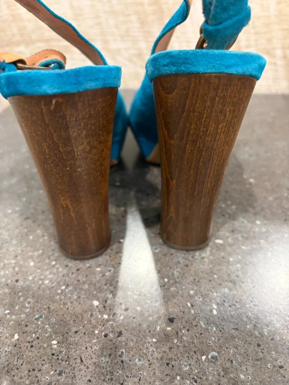 Jeffrey Campbell Ibiza Friend Blue Suede Wrapped Platform Natural Wood Heel Sz 8
